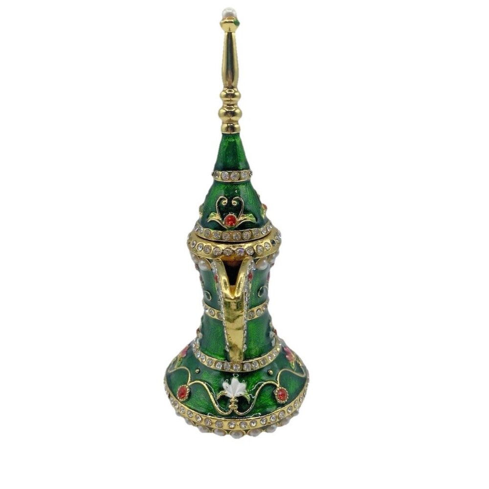 Signed Qifu Green Enamel Jeweled Arabian Nights Trinket Stash Ring Vanity Box - Picture 2 of 12